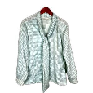 Vintage 80s Women’s Retro Secretary Bow Blouse Ivory Blue Size 8